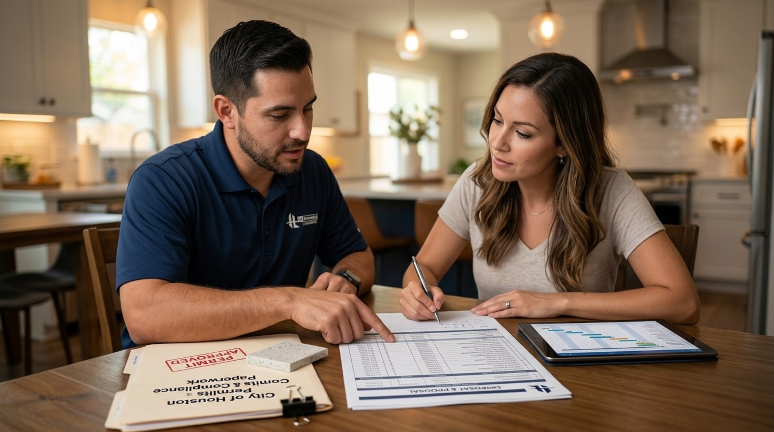 HL Remodeling team member reviews written cost proposal with Houston homeowner to protect remodel value