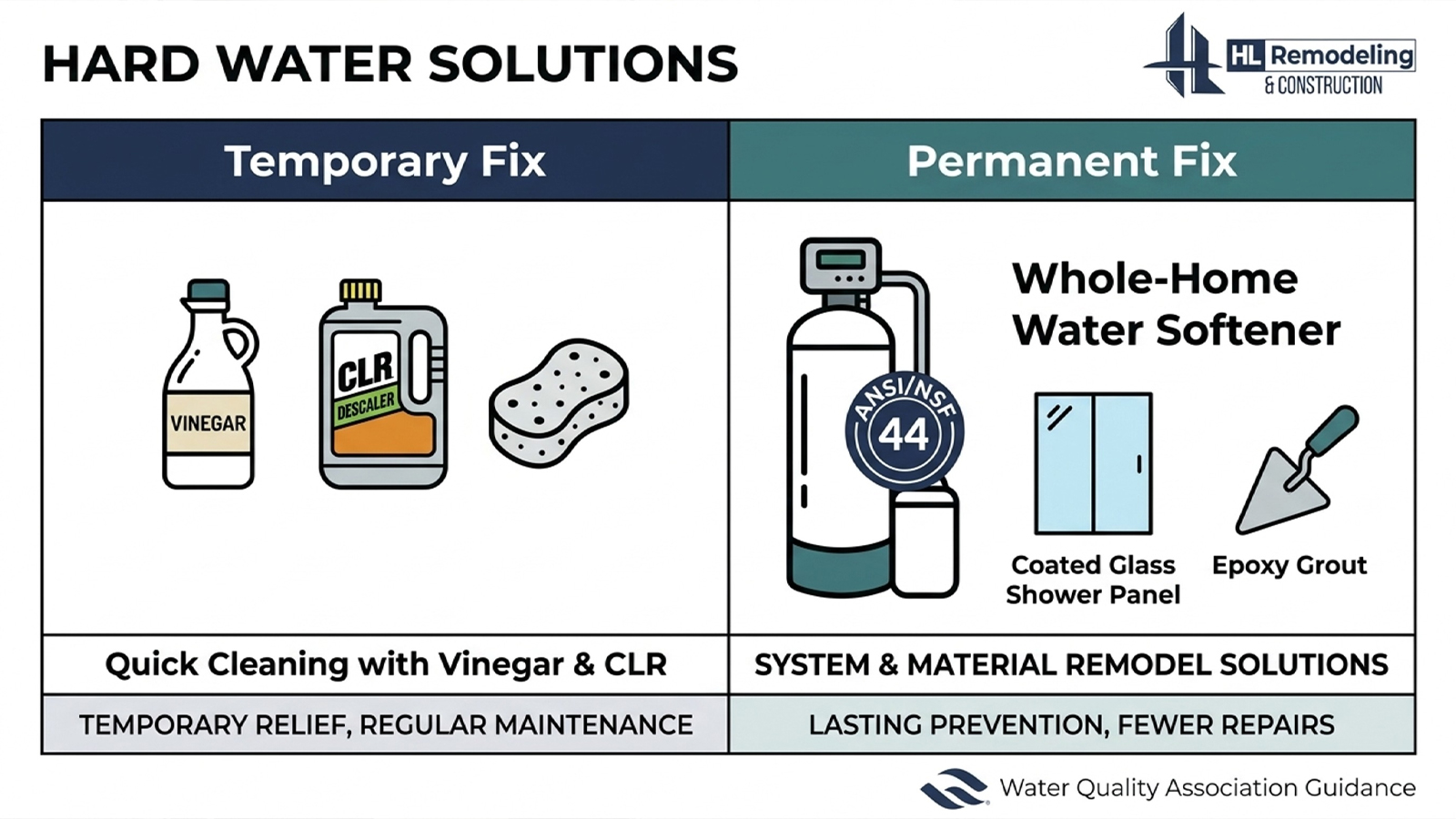Infographic comparing DIY hard water cleaning versus permanent remodel fixes for Houston bathrooms