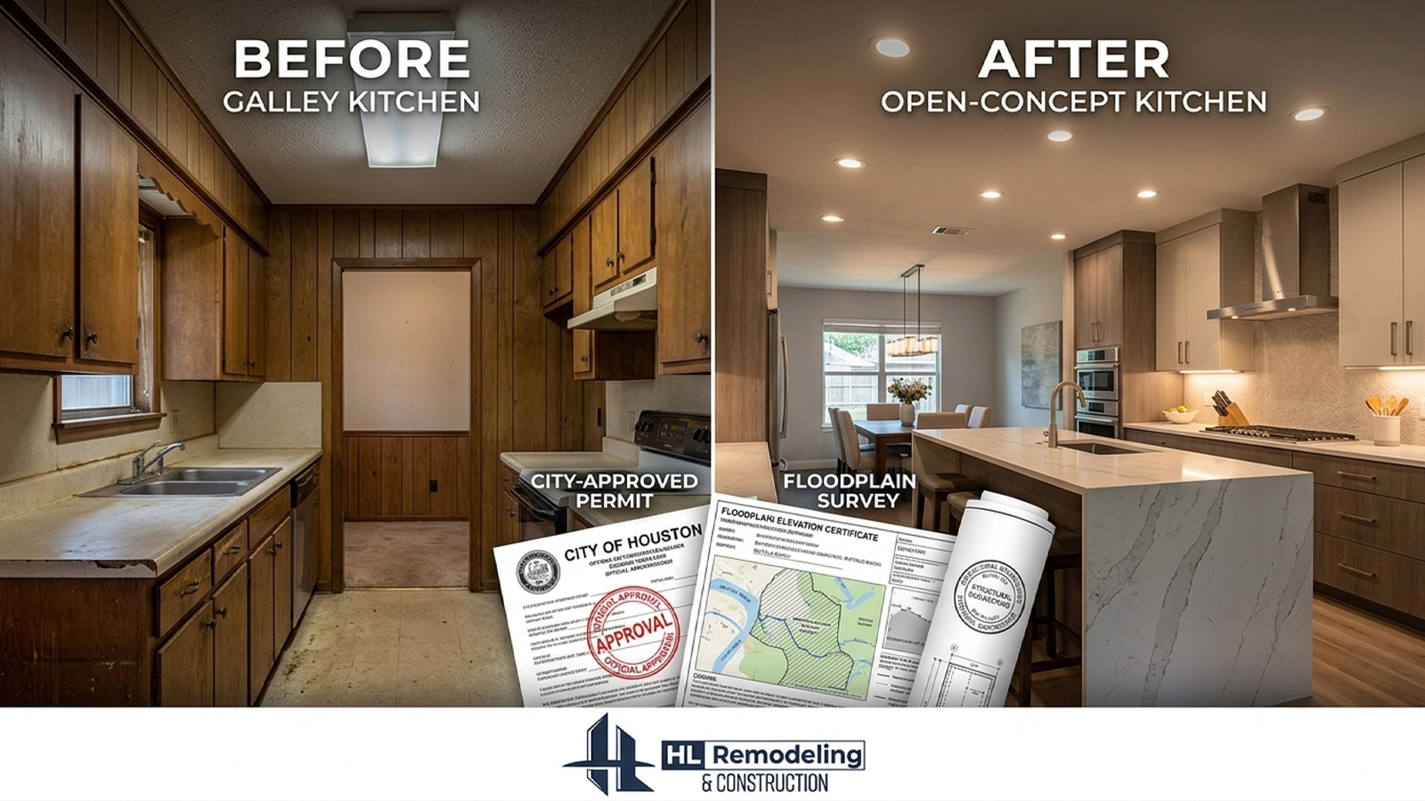 Permitting and Floodplain Considerations Before You Expand the Kitchen Before and after kitchen remodel in Memorial Houston showing permitted open-concept layout change
