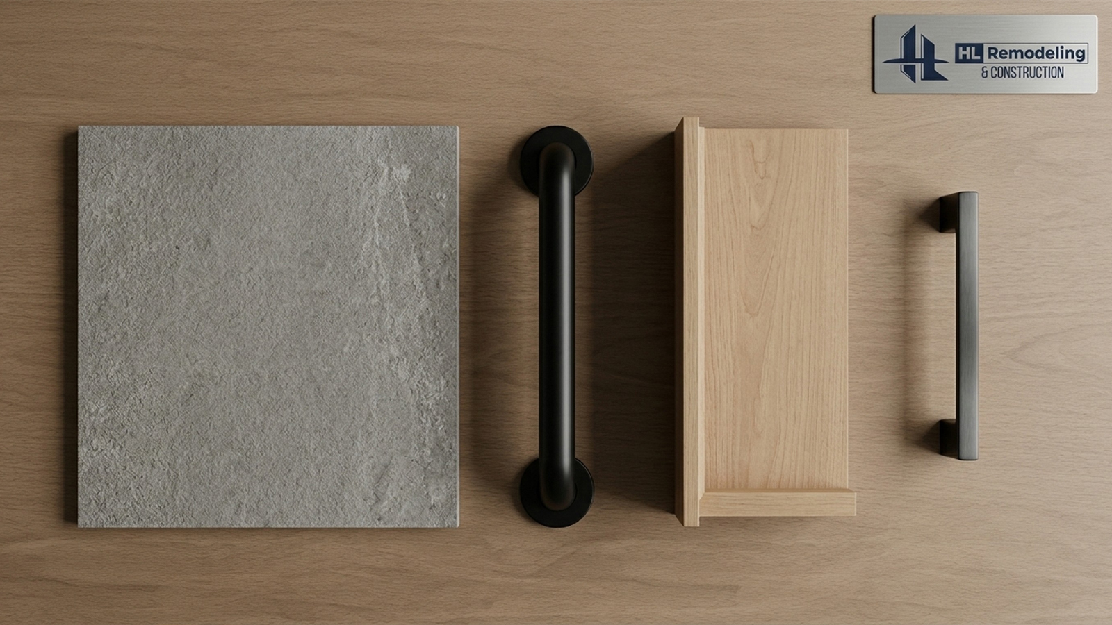 Style Without the Institutional Look Matte black grab bar and slip-resistant tile samples styled for an aging in place bathroom