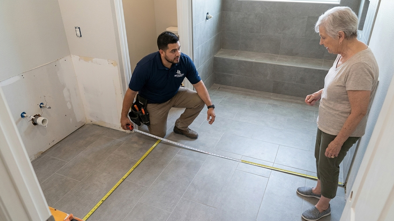 What Is the Ideal Walk In Shower Size and Layout for Aging in Place? Staff member measures shower clearance for an aging in place bathroom layout in Houston