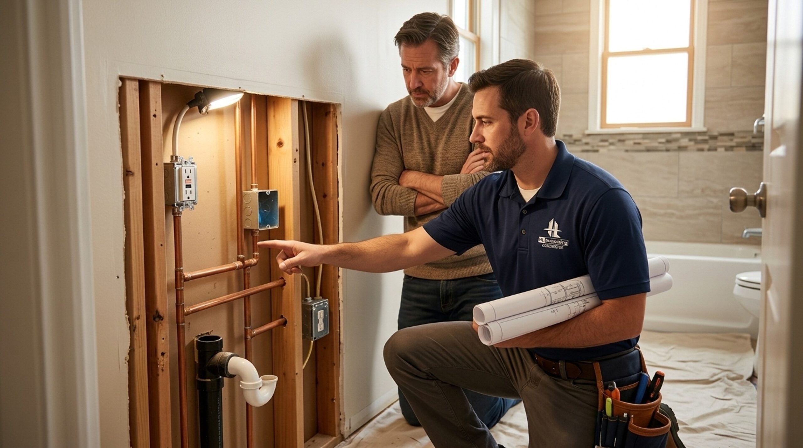 Staff member explaining plumbing and electrical permit requirements during a Houston bathroom remodel