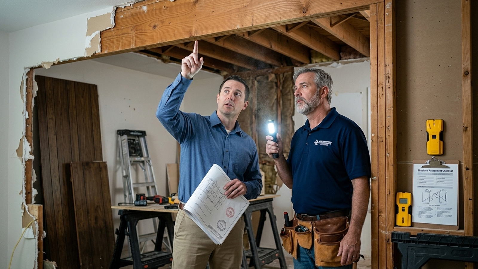 Why Memorial's Older Homes Make Layout Changes More Complex Structural engineer and contractor assess a load-bearing wall during a Memorial Houston kitchen remodel