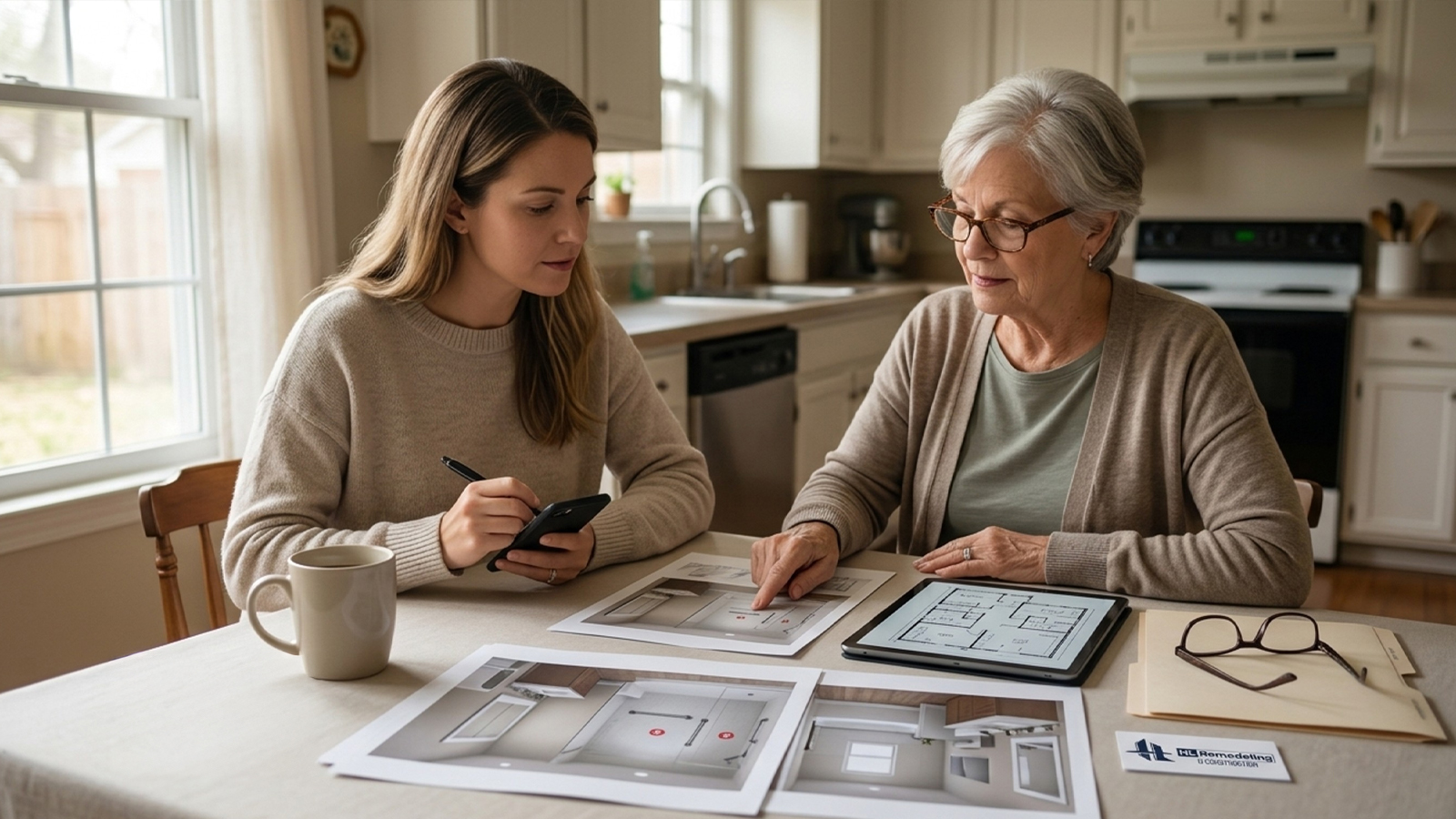 Why Plan an Accessible Bathroom Now, Not Later Houston family reviews aging in place bathroom remodel renderings together at home