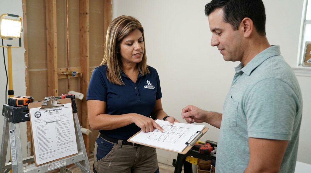 HL Remodeling owner reviewing a bathroom remodel permit with a Houston homeowner during renovation Prompt The owner of HL Remodeling stands in a partially renovated Houston bathroom, reviewing a printed permit document and floor plan alongside a homeowner near an exposed section of wall showing new plumbing rough-in. The scene communicates hands-on ownership of the permitting process and direct accountability to the client. Composition 16:9 horizontal cinematic composition. Camera positioned at a slight side angle, capturing: The owner and homeowner mid-frame, both looking down at the document Exposed plumbing and framing visible in the blurred background Shallow depth of field keeping focus on the document and faces while the construction background stays soft Primary Scene The owner points to a line item on the permit paperwork while the homeowner nods, engaged and reassured The owner wears the branded polo with the company logo on the chest, exactly as shown in reference photo, along with work pants suited to a job site walkthrough Body language is calm, direct, and collaborative — no rushed gestures, steady eye contact with the document → communicates: 'The owner personally manages permit compliance instead of leaving it to chance or a third party' Key Detail (CRITICAL) Include a visible but subtle element that reinforces the article's specific topic: A visible City of Houston permit document with a visible inspection checklist clipped to a clipboard resting on a sawhorse → reinforces: 'This project is being handled with proper permitting and code compliance, not off-the-books work' Secondary Indicators Include 2–3 of the following relevant to this scene: The company logo visible on the polo worn by the owner Exposed rough plumbing lines and framing in the background signaling mid-renovation, permitted structural work A tidy job site with organized tools, signaling professional site management → communicates: 'This is a licensed, organized remodeling operation that treats permitting as part of standard practice' Environment HL Remodeling, Houston — a mid-renovation bathroom with exposed stud walls, new plumbing rough-in visible, and a subfloor prepped for tile, consistent with an active permitted remodel → communicates: 'This is a real, in-progress Houston bathroom remodel handled with structural transparency' Emotional Tone Confident, trustworthy, transparent, reassuring → communicates: 'The homeowner can trust that permits and code details are being handled correctly and openly' Lighting Natural daylight from a work light clamped near the framing, supplemented by soft ambient fill so faces and document are clearly lit Lighting should feel: warm and grounded — practical job-site lighting that feels authentic, not staged Style ultra-realistic lifestyle photography cinematic realism high dynamic range 8k resolution sharp detail on f