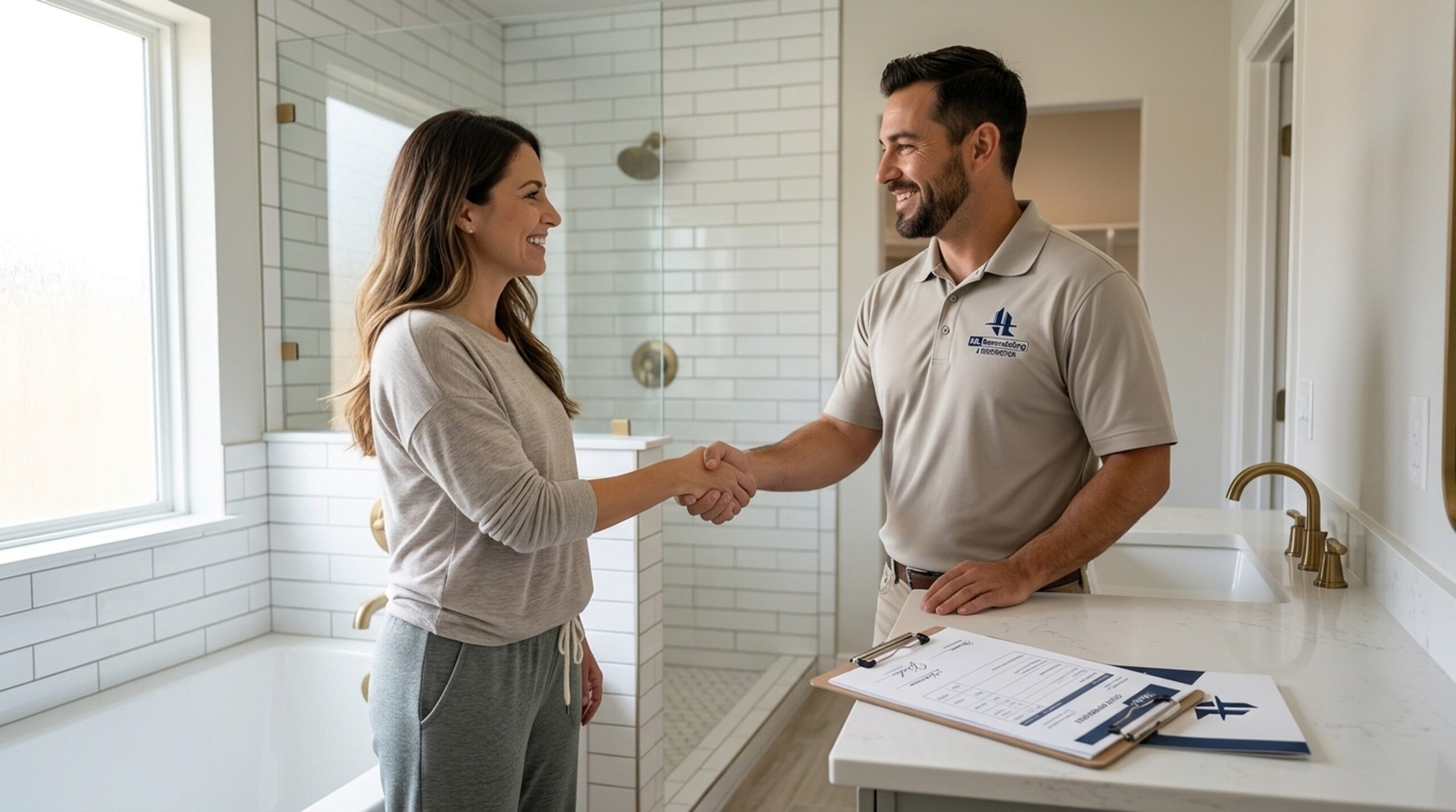 handshake after choosing a contractor.jpg Team member and Houston homeowner shake hands over a signed itemized bathroom remodel proposal