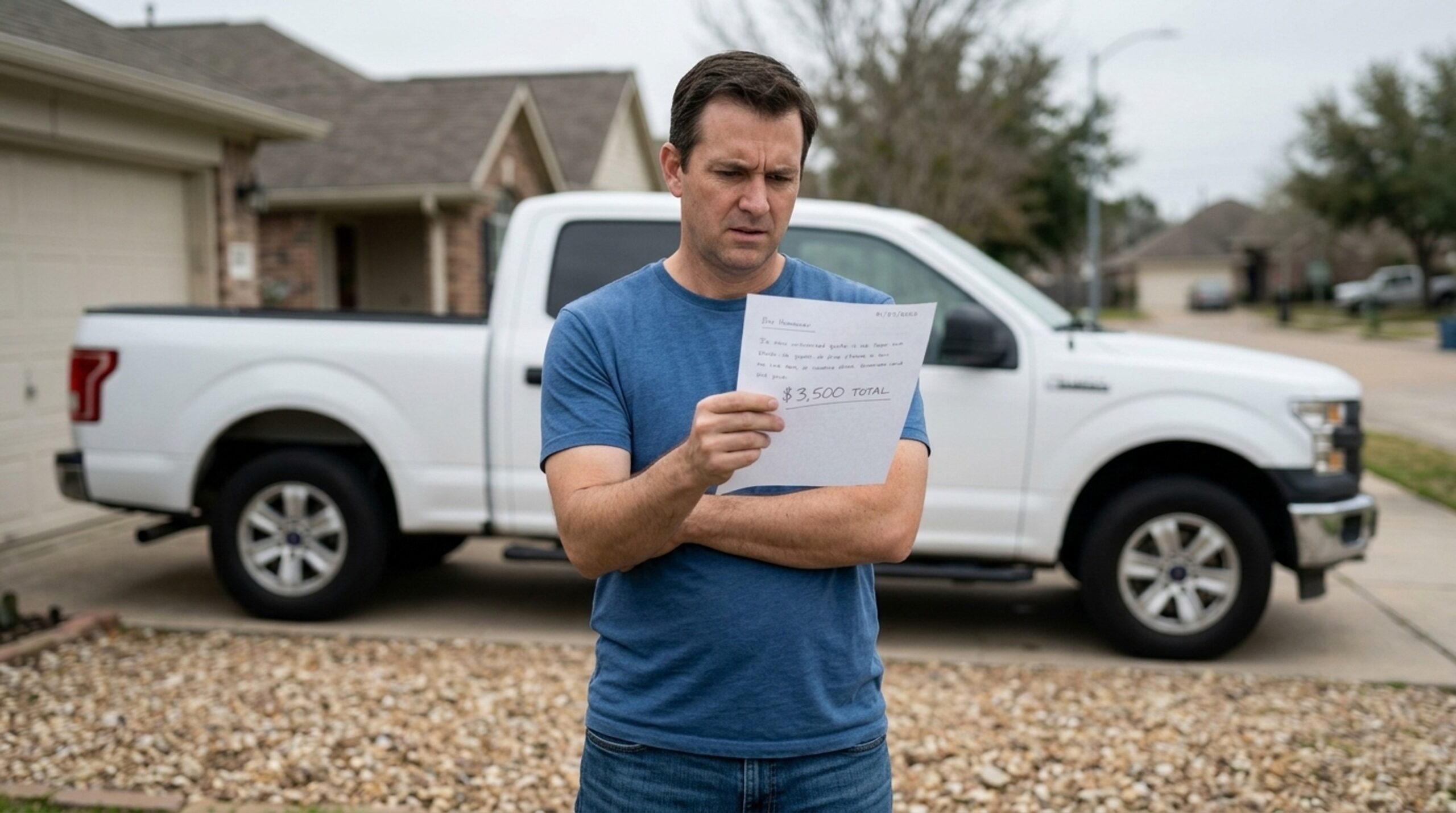 homeowner questioning a vague quote.jpg Houston homeowner examines a vague handwritten quote lacking line items, a red flag when comparing contractors