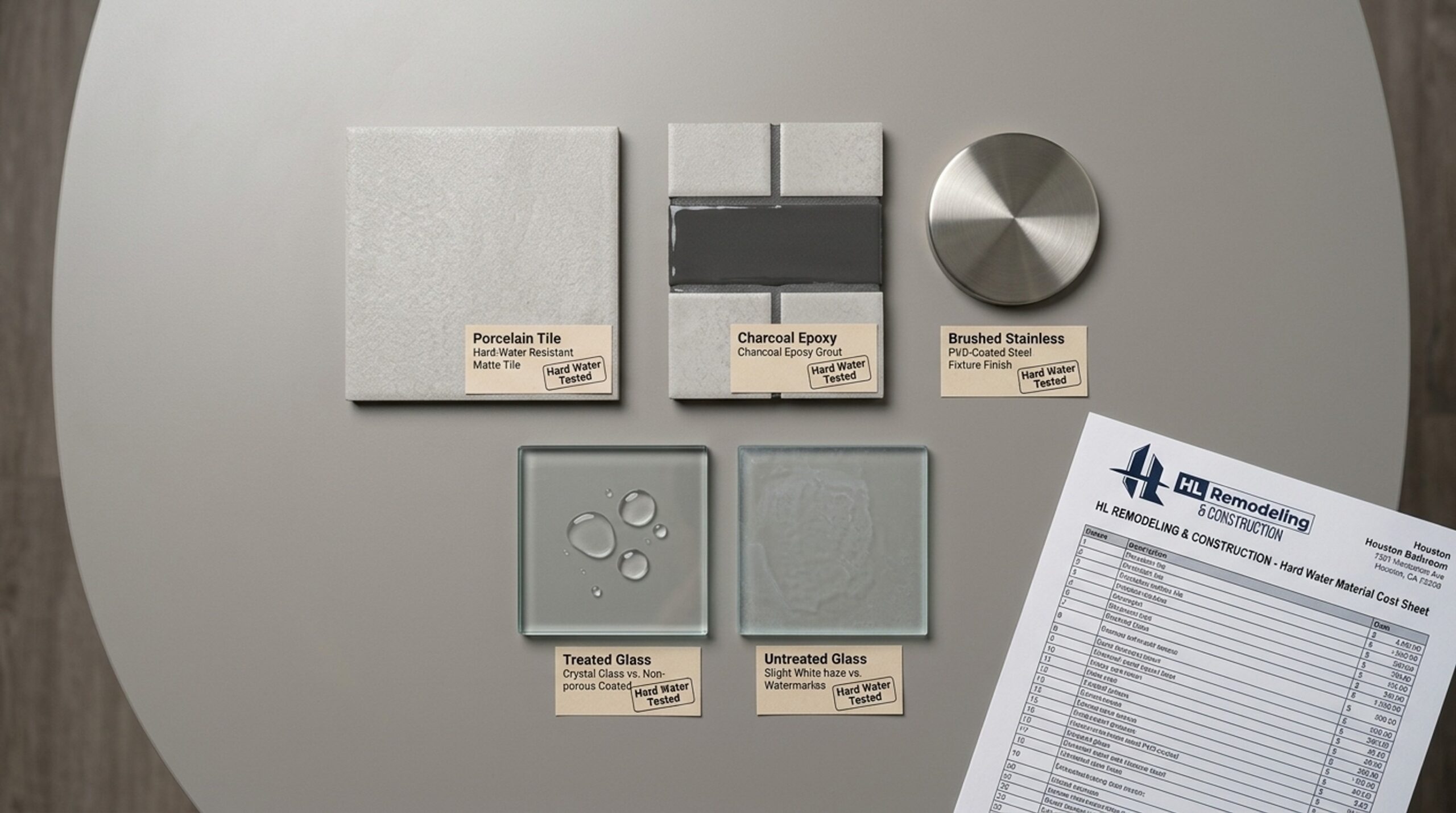 Hard-water-resistant tile, grout, and fixture finish samples arranged for a Houston bathroom remodel selection