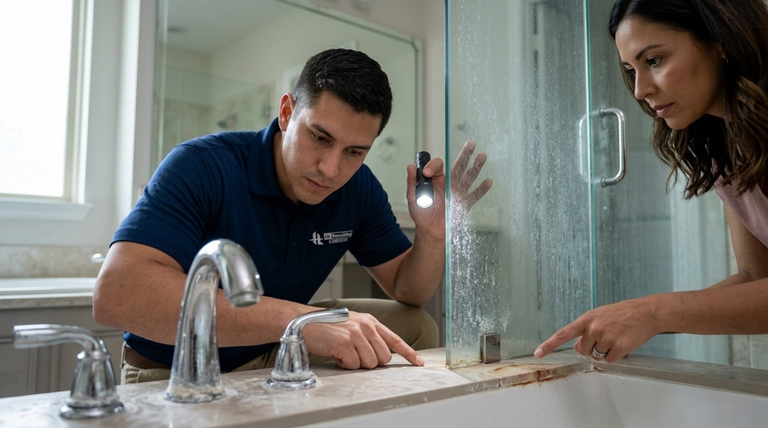 HL Remodeling staff member inspects faucet and shower glass for signs of Houston hard water damage