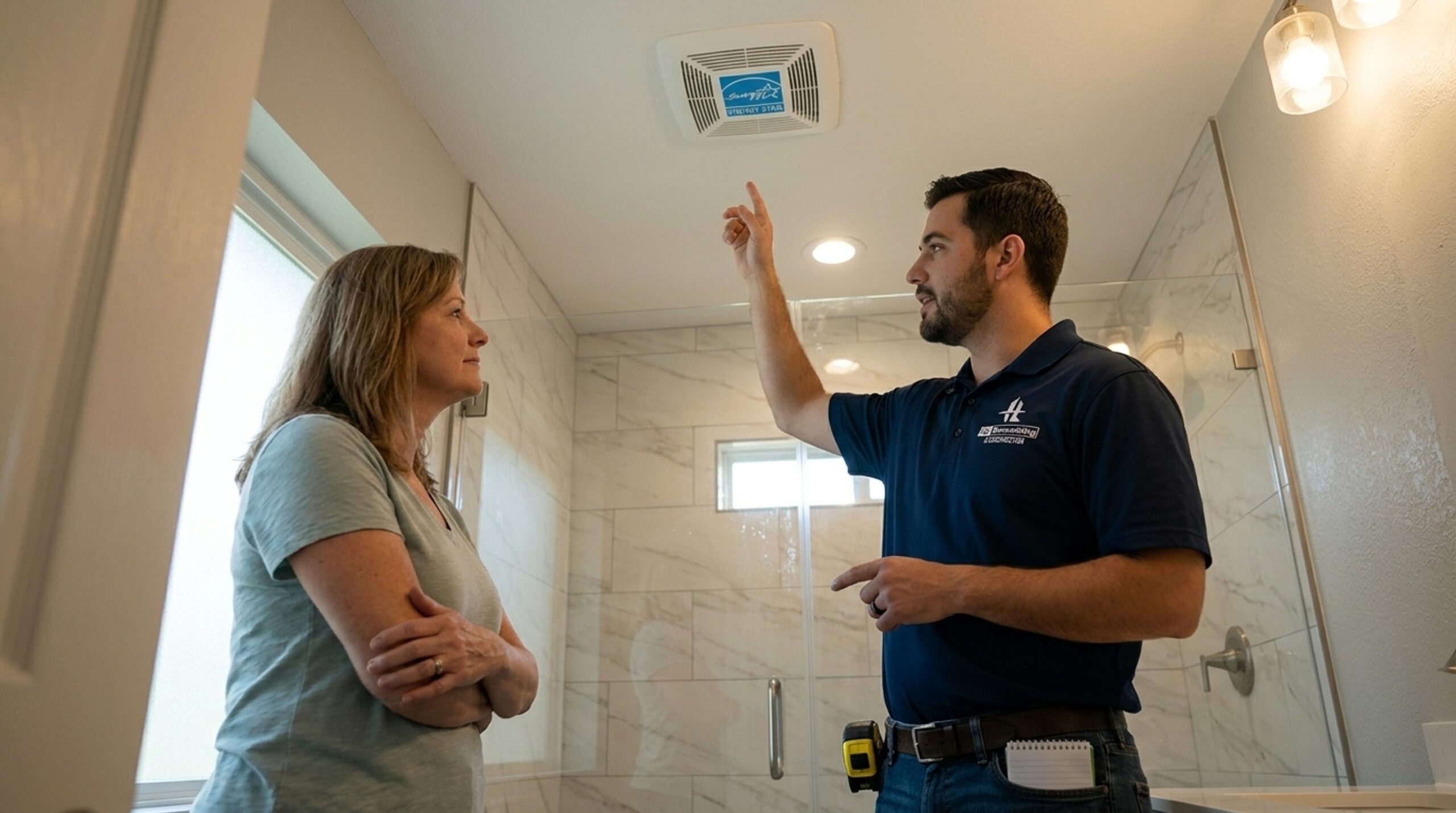 HL Remodeling team member shows Houston homeowner a new ENERGY STAR bathroom exhaust fan during remodel