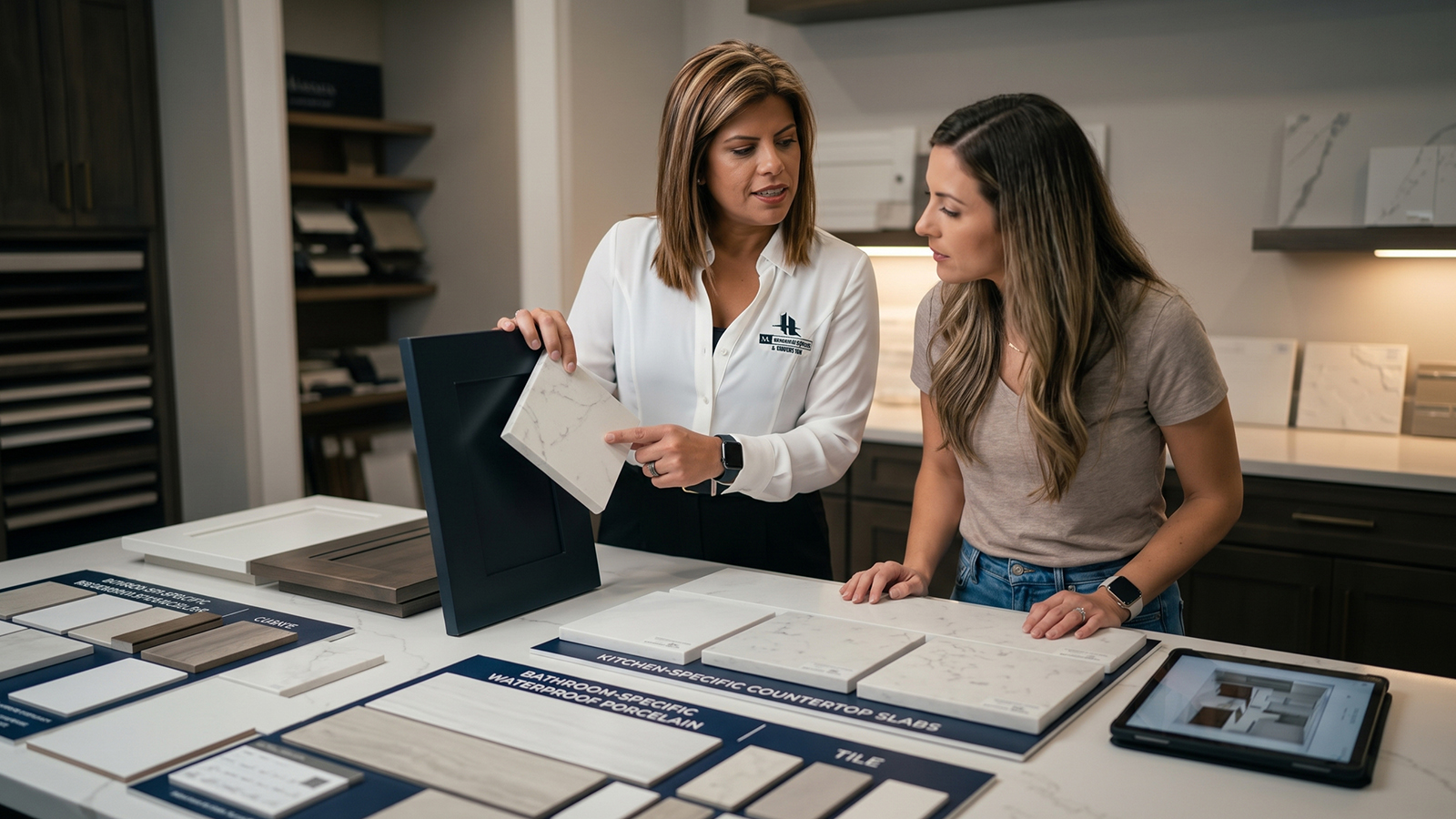 Owner guides homeowner through cabinetry and tile selection for a bathroom and kitchen remodel