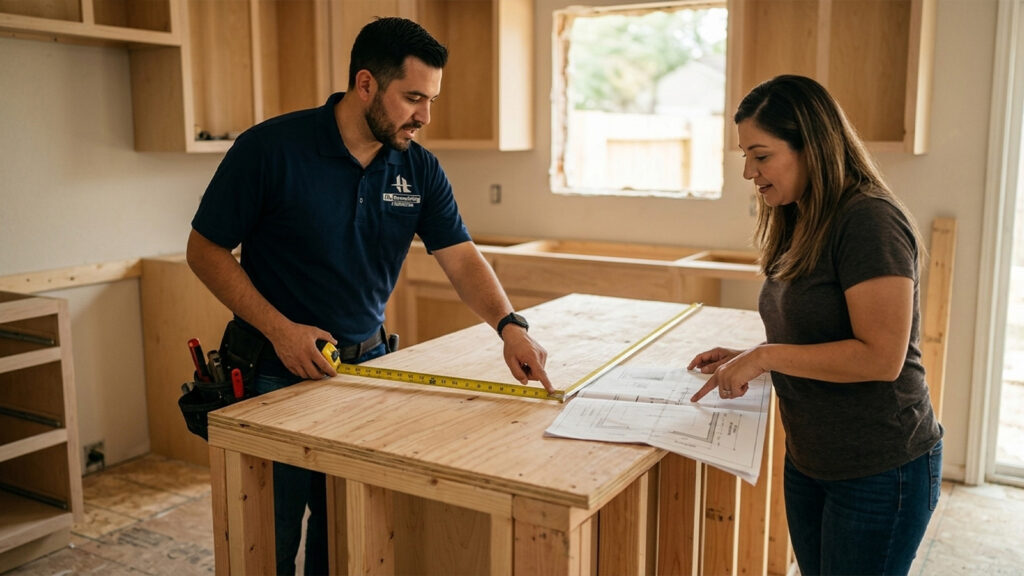 HL Remodeling contractor measures kitchen island dimensions with Houston homeowner during remodel planning