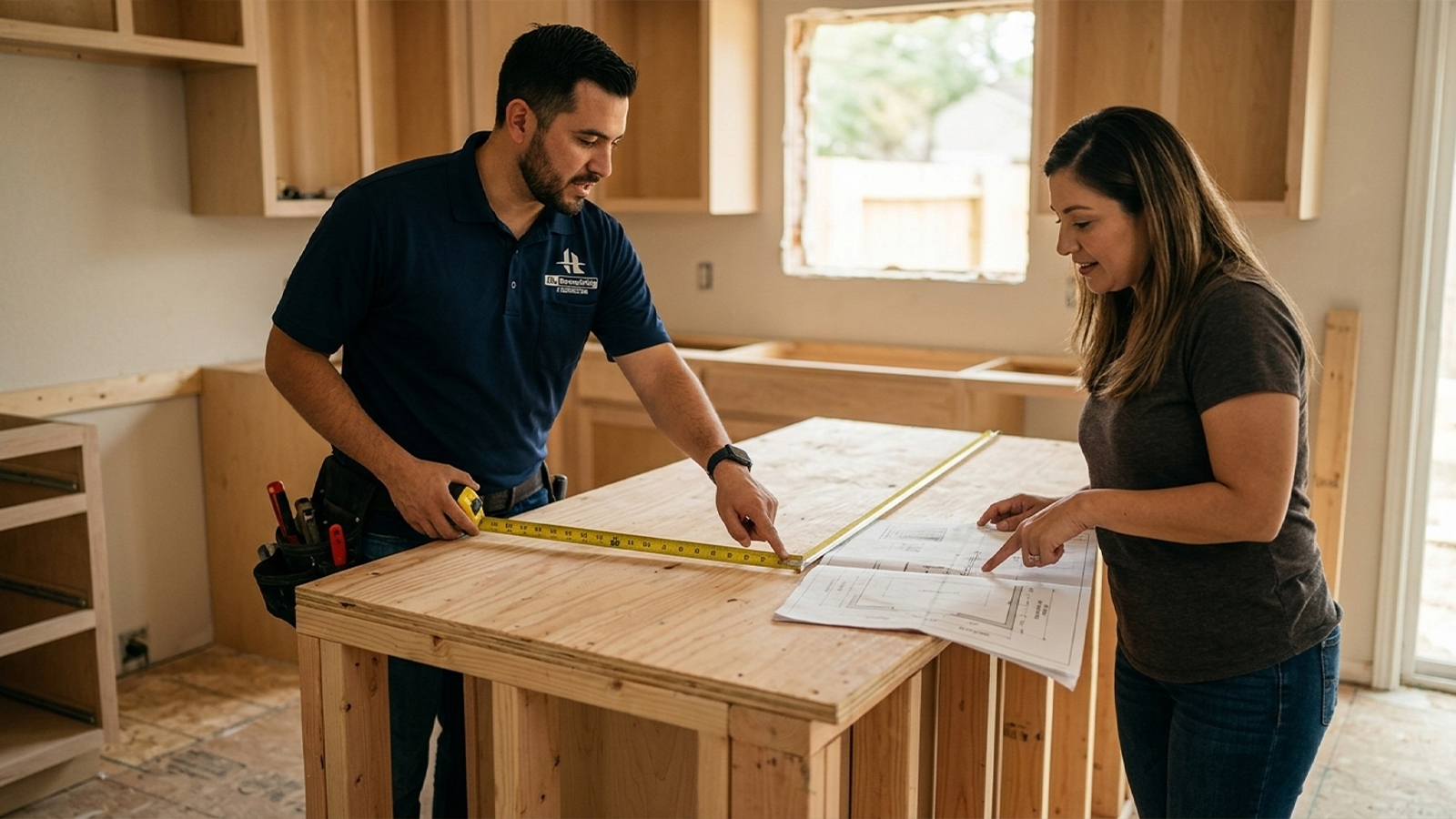 HL Remodeling contractor measures kitchen island dimensions with Houston homeowner during remodel planning