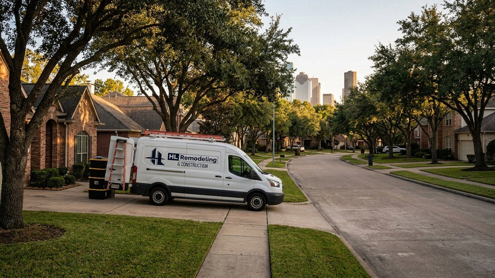 HL Remodeling service van parked near Memorial City Mall with business district visible in distance