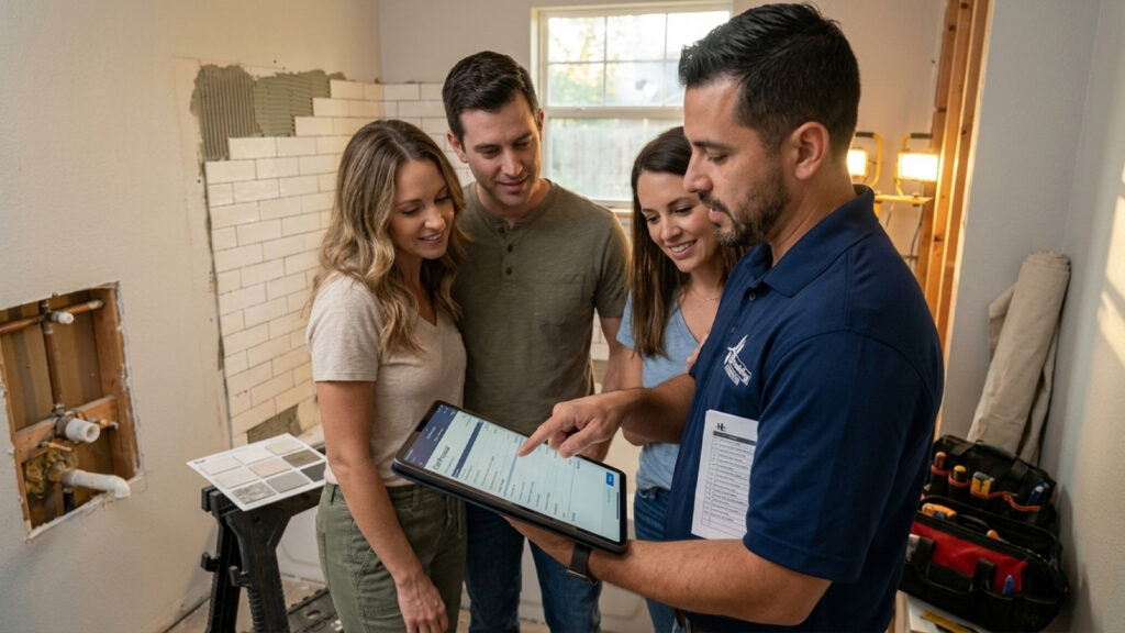 HL Remodeling team member reviews bathroom remodel costs with homeowners near Memorial City Mall