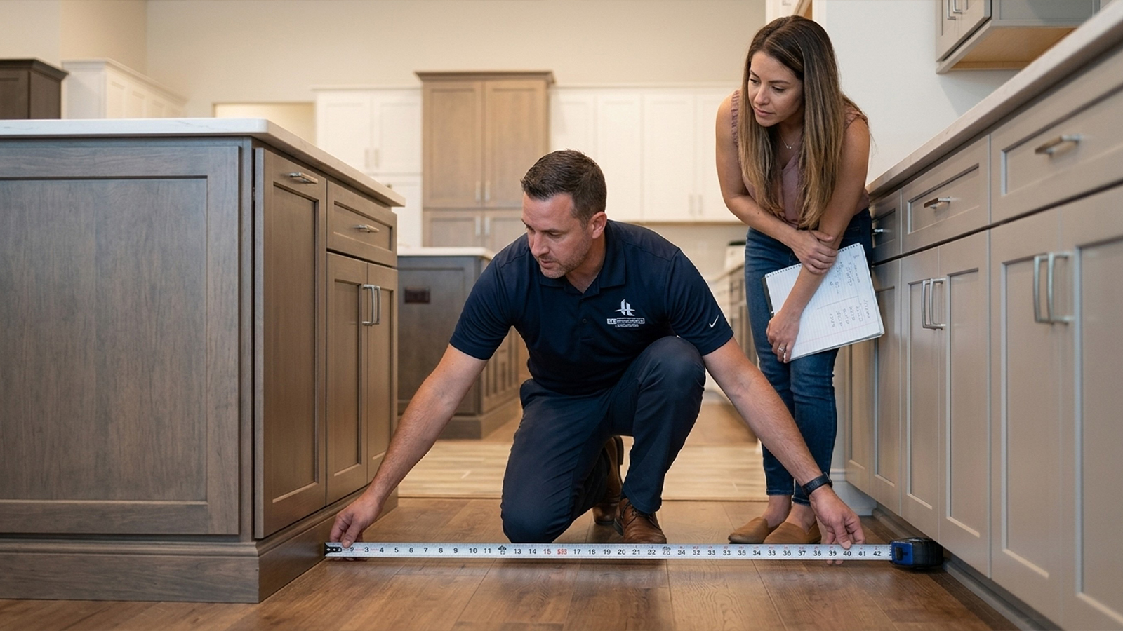 Measuring Walkway Clearance Around Island HL Remodeling team member measures kitchen island walkway clearance with Houston homeowner in showroom