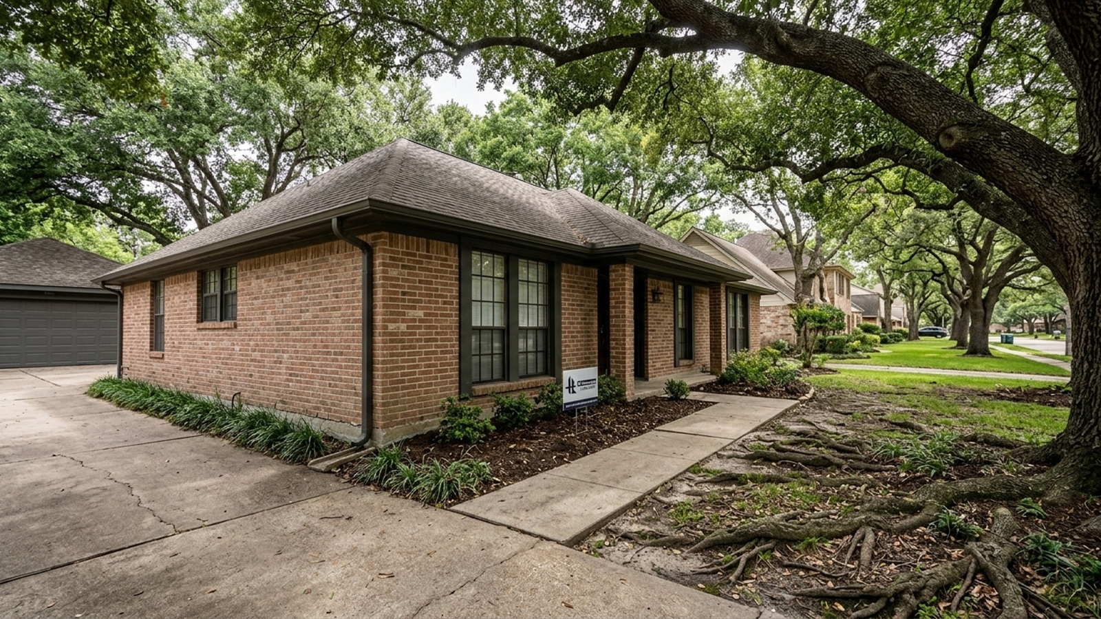 Older brick home near Memorial City Mall showing mature trees and slab foundation conditions