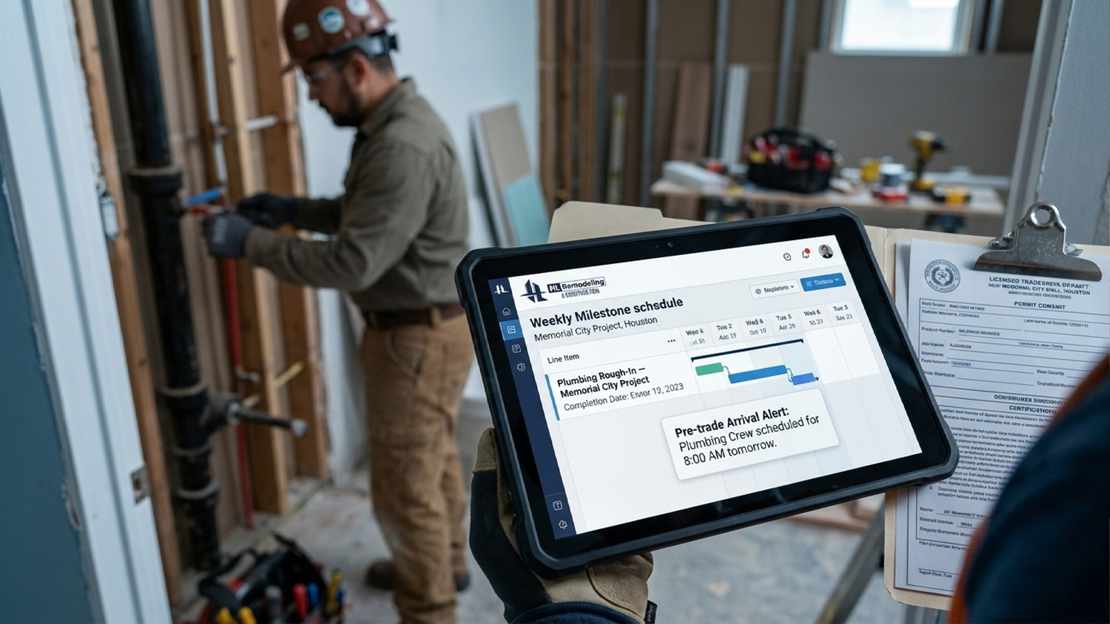 Tablet displays bathroom remodel milestone schedule during plumbing rough-in near Memorial City